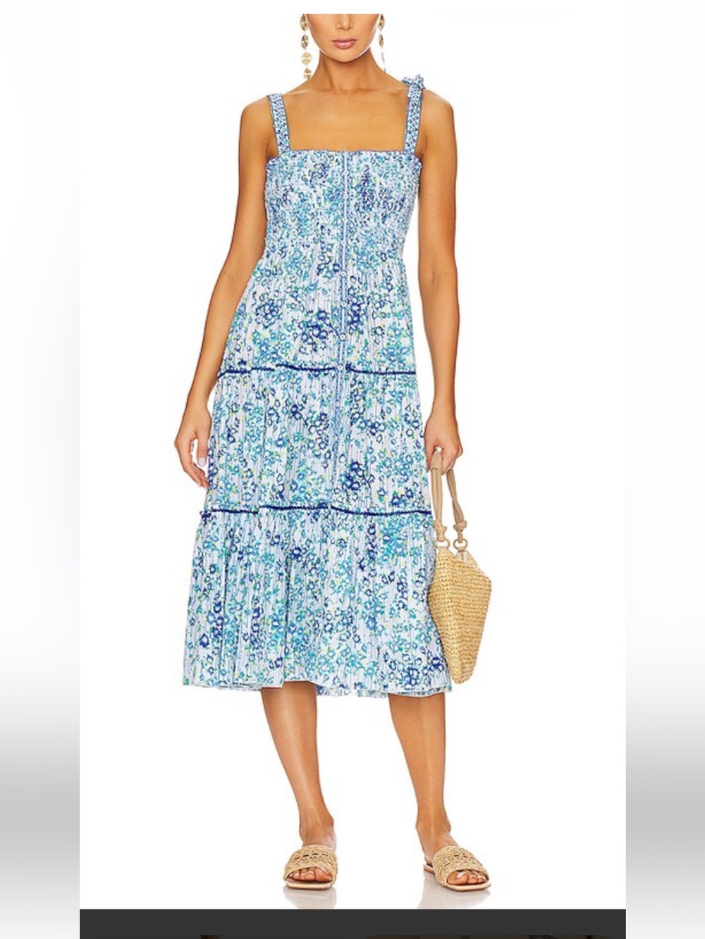 Poupette St. Barth Blue and White Tiered Floral Midi Skirt
